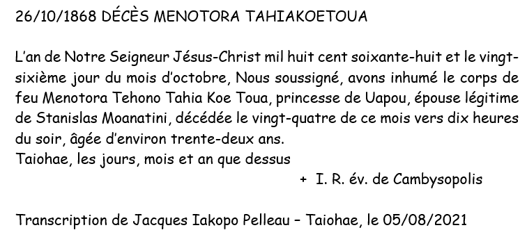 1868 10 26 TRANSCRIPTION SEPULTURE MENOTORA TAHIAKOETOUA