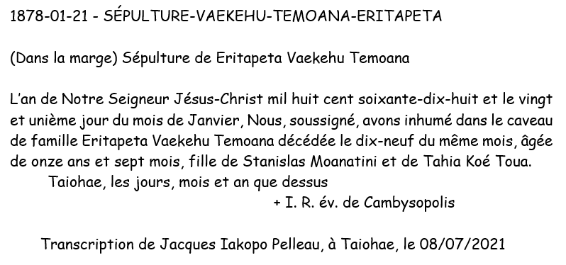 1878 01 21 TRANSCRIPTION SEPULTURE VAEKEHU TEMEOANA
