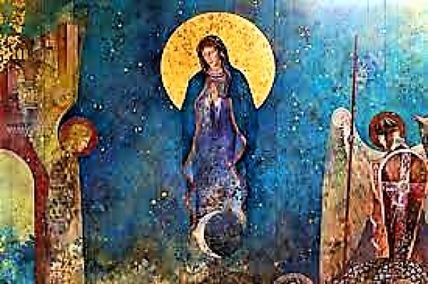 « Un grand signe apparut dans le ciel : une Femme, ayant le soleil pour manteau, la lune sous les pieds, et sur la tête une couronne de douze étoiles. »